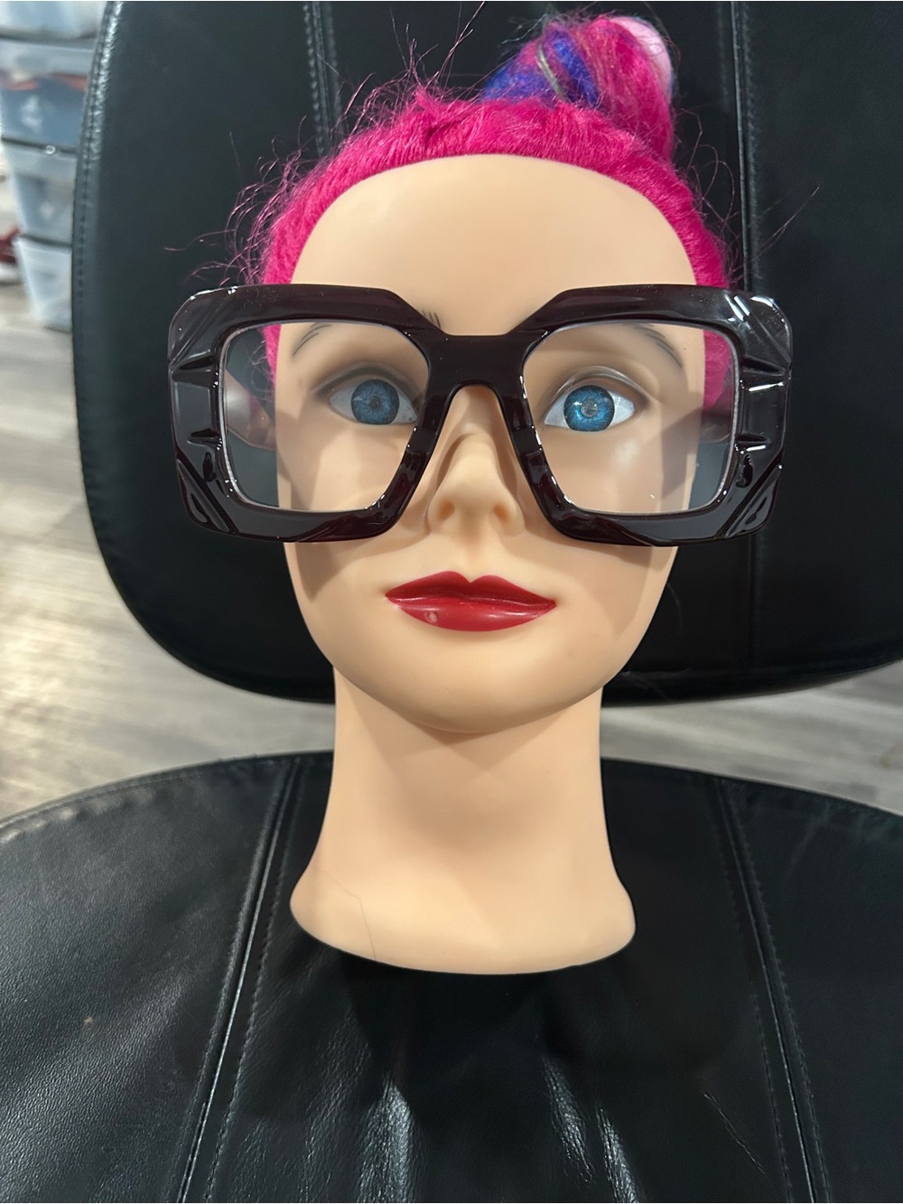 Oversized Square Frame Fashion Glasses - deep purple clear lens ready to wear.